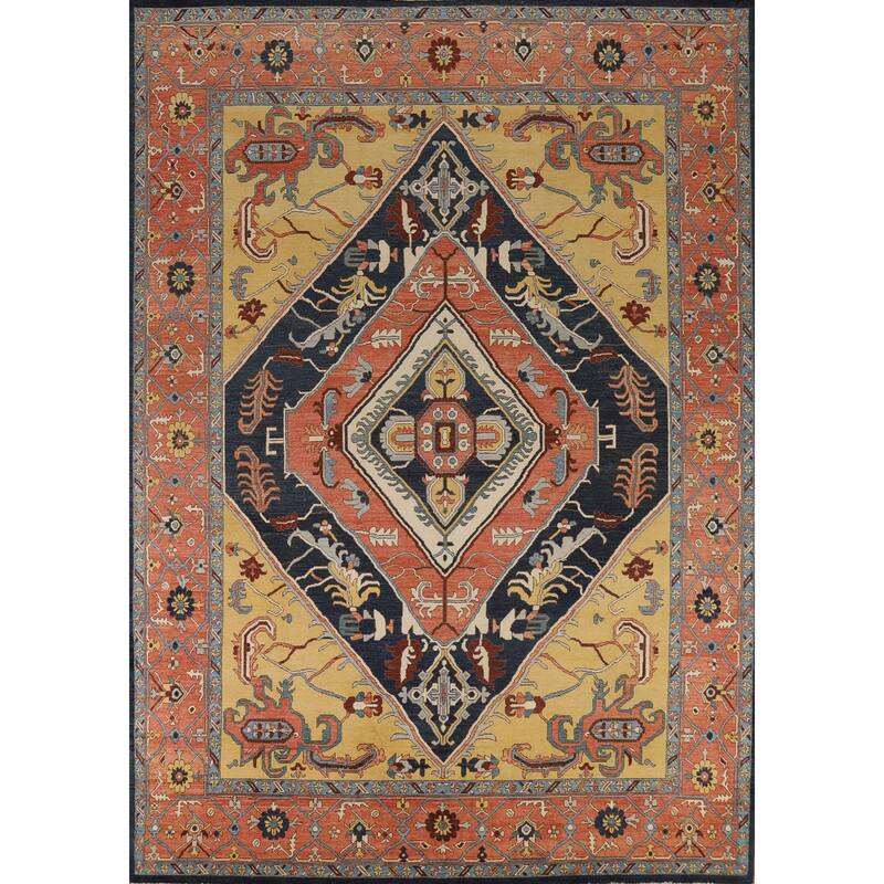 Vegetable Dye Geometric Heriz Oriental Area Rug Handmade Wool Carpet - 9'0" x 11'11"