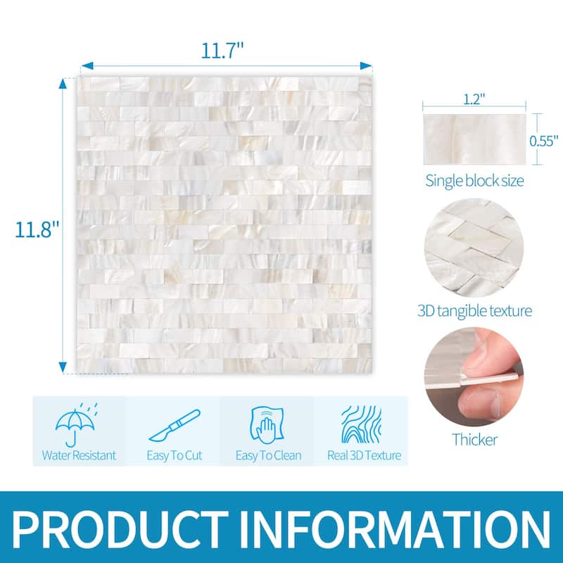 Art3d Mother of Pearl Shell Tile for Kitchen Backsplash/Bathroom White Rectangle,Seamless 10-Pack