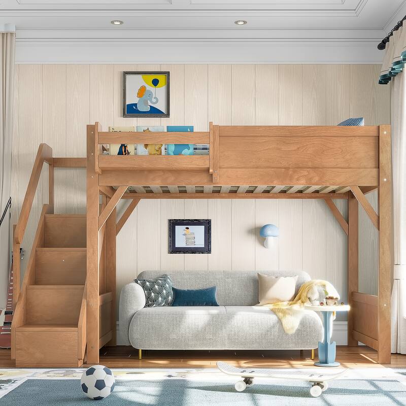 Full/Twin Loft Bed with Built-in Wardrobe, Storage & Stairs - Solid Wood, Full-Length Guardrails, No Box Spring