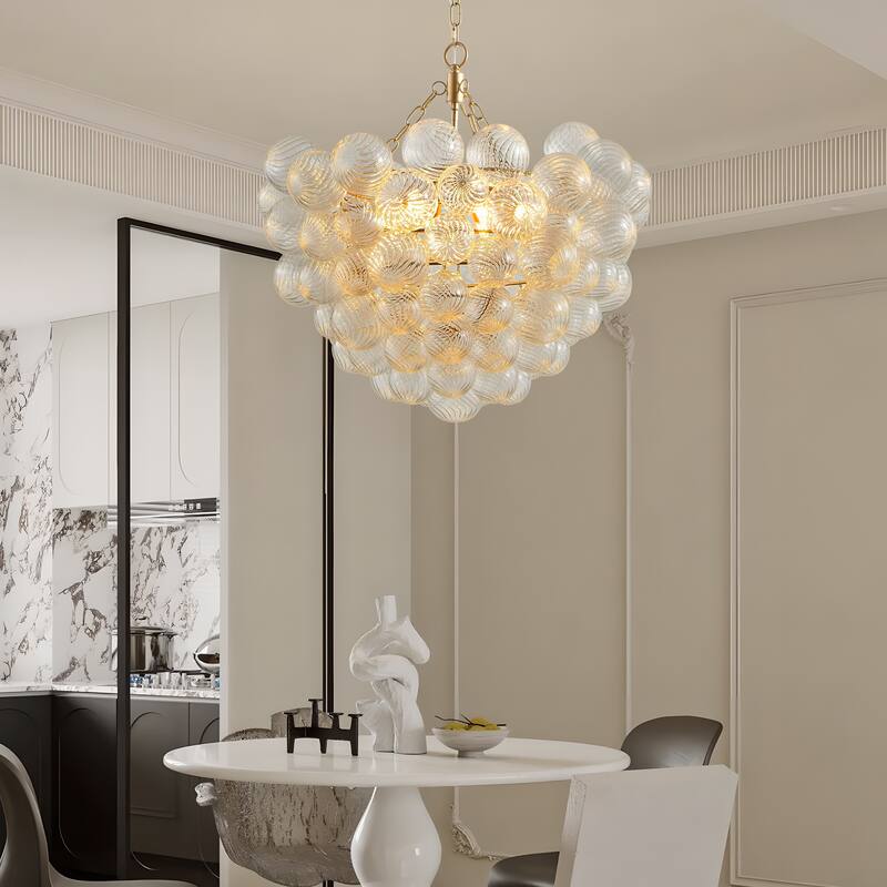 Modern Light Chandelier with Threaded Clear Glass Globe Shade Adjustable Height, for Living Room Dining Room, Kitchen