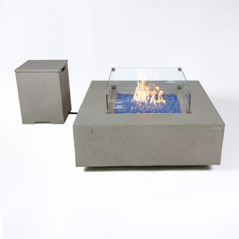 Elementi Plus Capertee Outdoor Fire Pit Table Concrete Square 60000 BTU - 40 x 40 inches with Lid, Fire Glass, and Cover