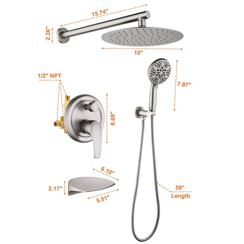 Wall Mount Tub Shower Faucet With Hand Shower Rainfall Shower System Set With Tub Spout Pressure Balance 10 Inch Shower Head Set