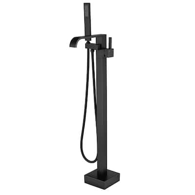 Floor Mount Waterfall Bathtub Faucet With Hand Shower, Single Handle Freestanding Bathroom Tub Filler Trim With Handheld