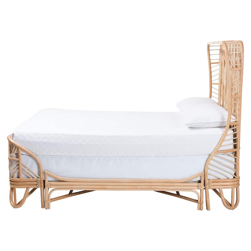 Hadley Natural Rattan Bed Frame with Openwork Geometry Headboard and Footboard, Tropical Coastal Boho Furniture, Queen