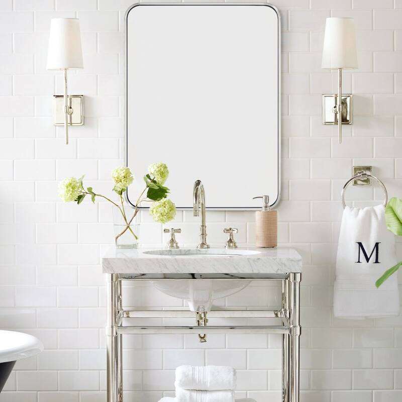 Rounded Rectangle Bathroom Vanity Mirror, Vertically/Horizontal Hanging - 24" x 36" - Chrome