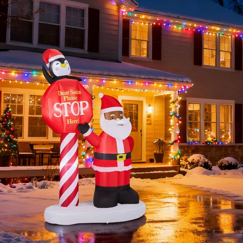 8.2FT Lighted Inflatable Black Santa & Road Sign Christmas Decoration
