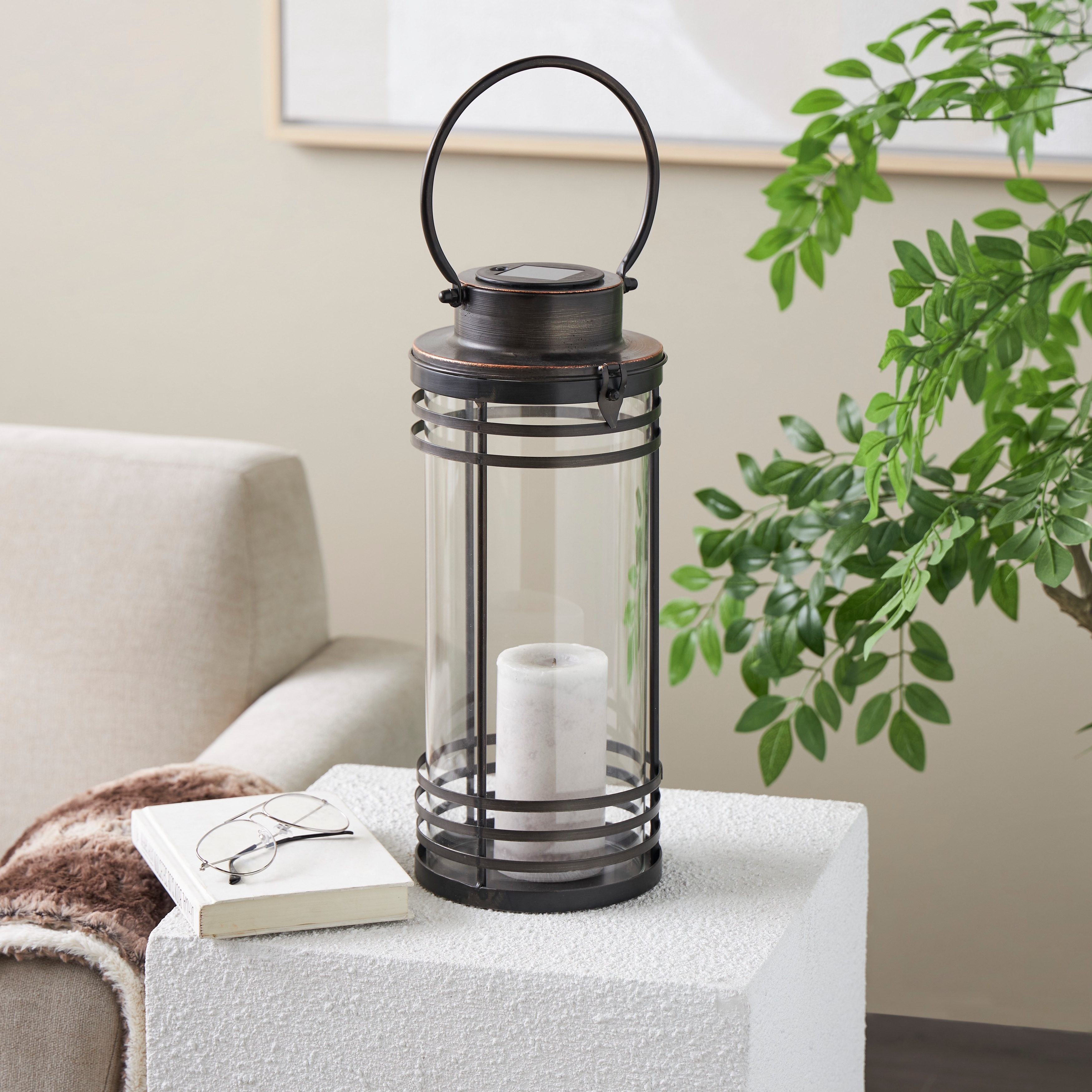 Black Metal Indoor Outdoor Candle Lantern with Round Circle Lines