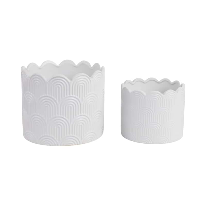 Stoneware Planters Scallop Design and Curved Rim Detail (Set of 2) - 8" x 8" x 7" - White
