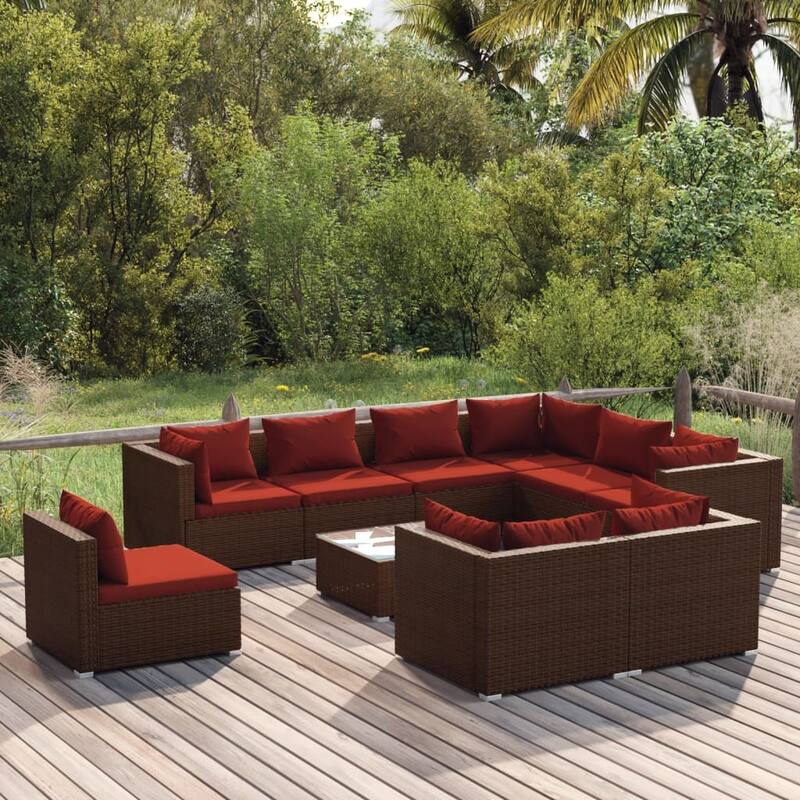 vidaXL Patio Lounge Set Outdoor Sectional Sofa Set Table Garden Poly Rattan - 27.6" x 27.6" x 23.8" - Brown/Cinnamon red 10 Piece