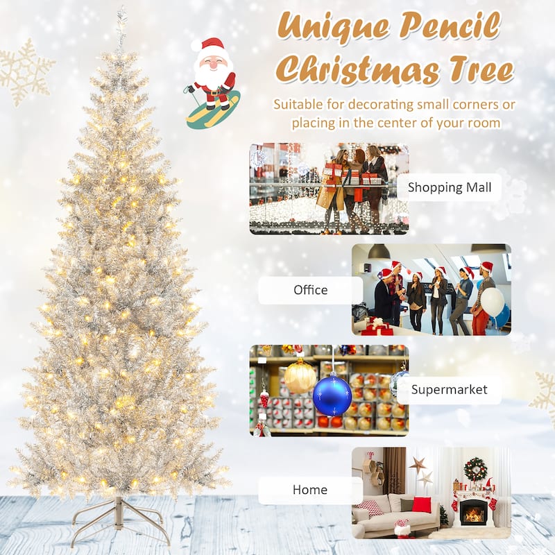 Gymax 6 FT Pre-lit Artificial Silver Tinsel Christmas Tree Slim Pencil