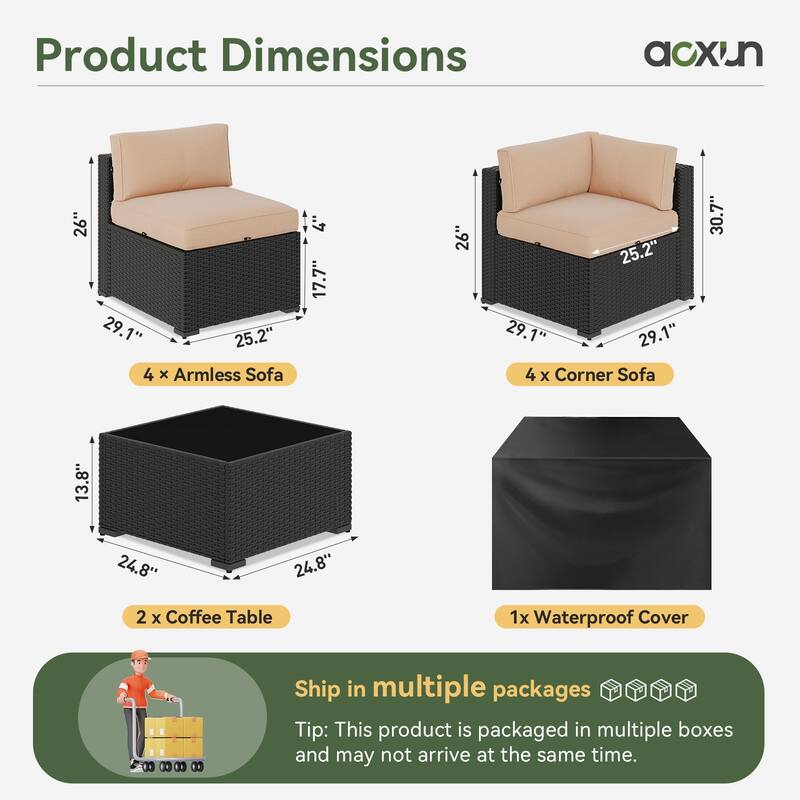 AOXUN Wicker Rattan Outdoor Sectional Sofa Set with Coffee Table