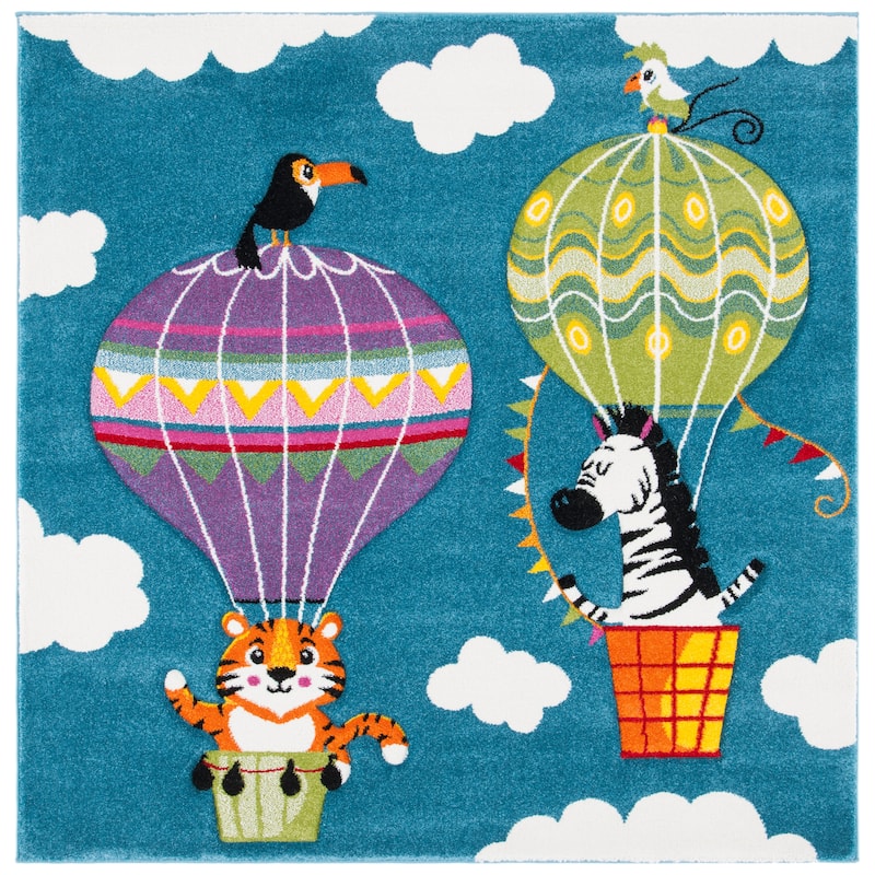 SAFAVIEH Carousel Kids Tjadke Hot Air Balloon Rug - 3' Square - Blue/Green
