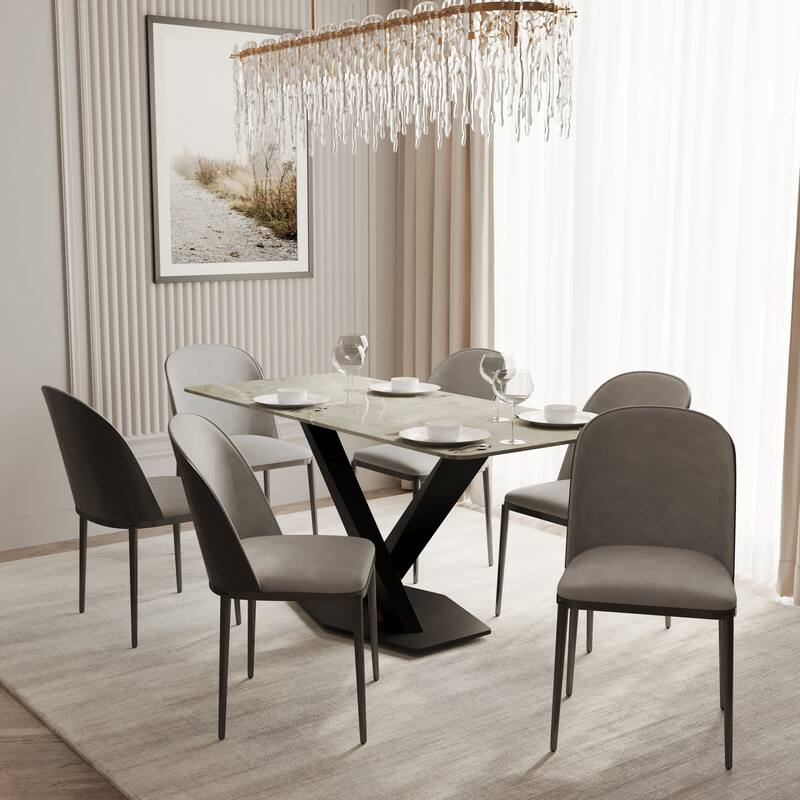 Voren 7-Piece Dining Set 55-Inch Rectangular Sintered Stone Dining Table and 6 Dining Side Chairs
