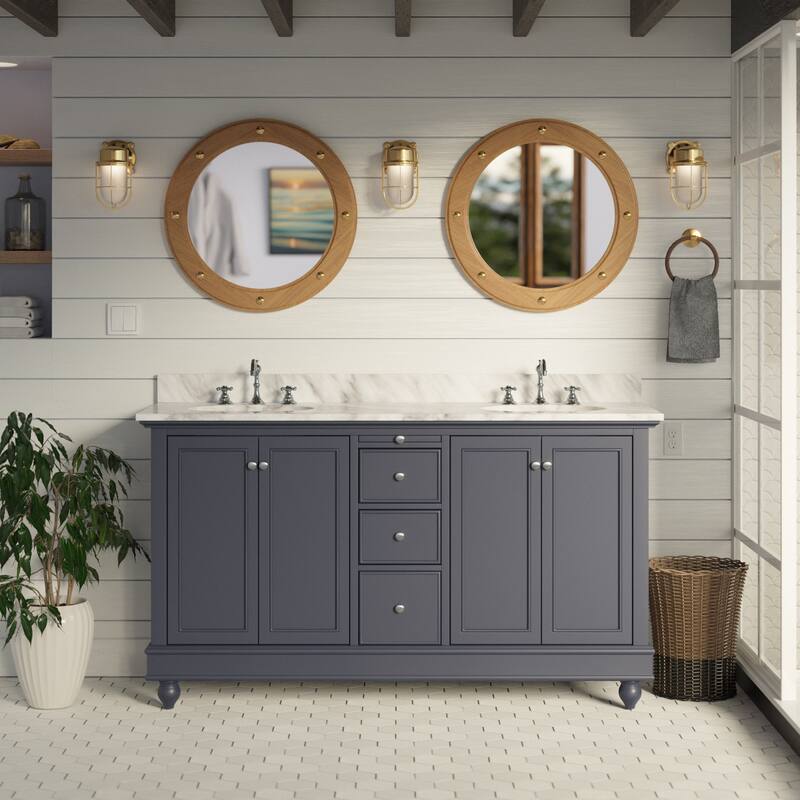 KitchenBathCollection Bella 60" Double Bathroom Vanity with Carrara Marble Top - Marine Gray