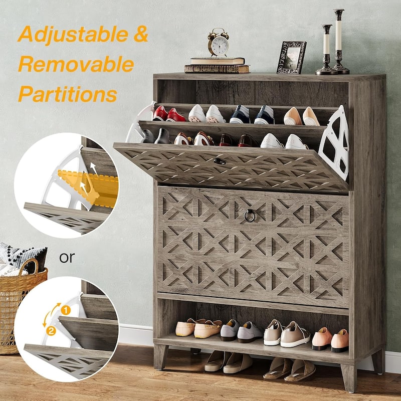 Narrow Hidden Shoe Storage Cabinet with 2 Flip Drawers