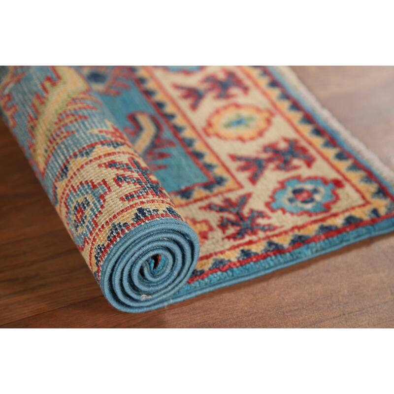 Hand Knotted Oriental 100% Wool Carpet Traditional Geometric Navy Blue & Blues Kazak Area Rug - 3' 0'' X 2' 0''