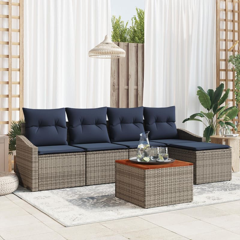 vidaXL 6 Garden Sofa Set with Cushions Black/Grey Poly Rattan - 91.7 x 24.4 x 27.2 - Grey