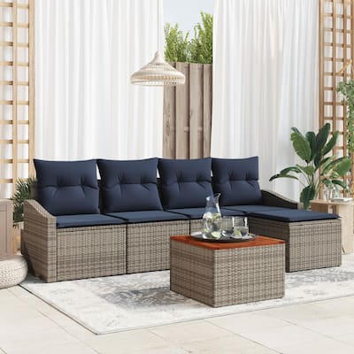 vidaXL 6 Garden Sofa Set with Cushions Black/Grey Poly Rattan - 91.7 x 24.4 x 27.2