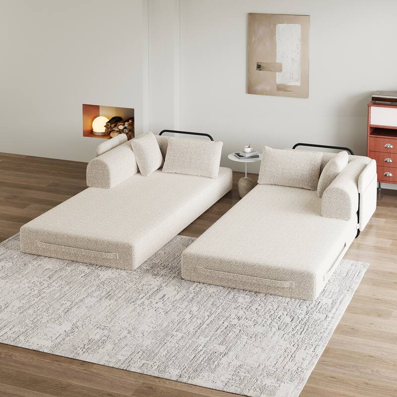 Chenille Convertible Sleeper Sofa Bed, Folding Sofa Bed with Cylindrical Pillow, Floor Upholstered Sofa with Side Pocket