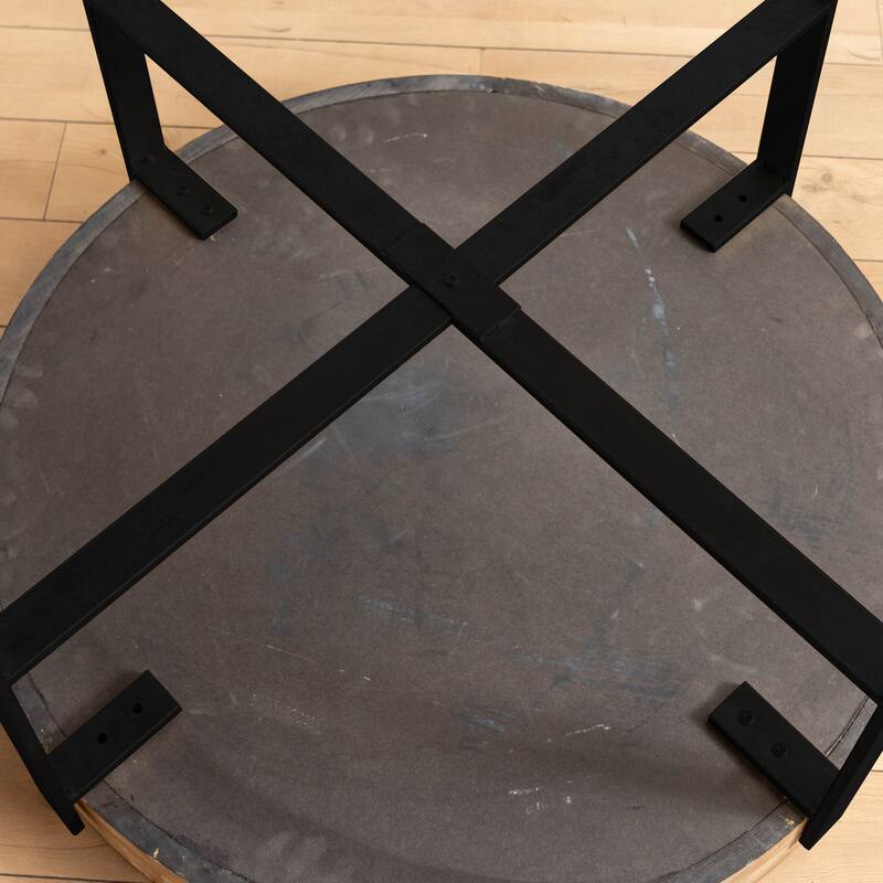31.29"Modern Retro Splicing Round Coffee Table , Fir Wood Table Top with Cross Legs Metal Base