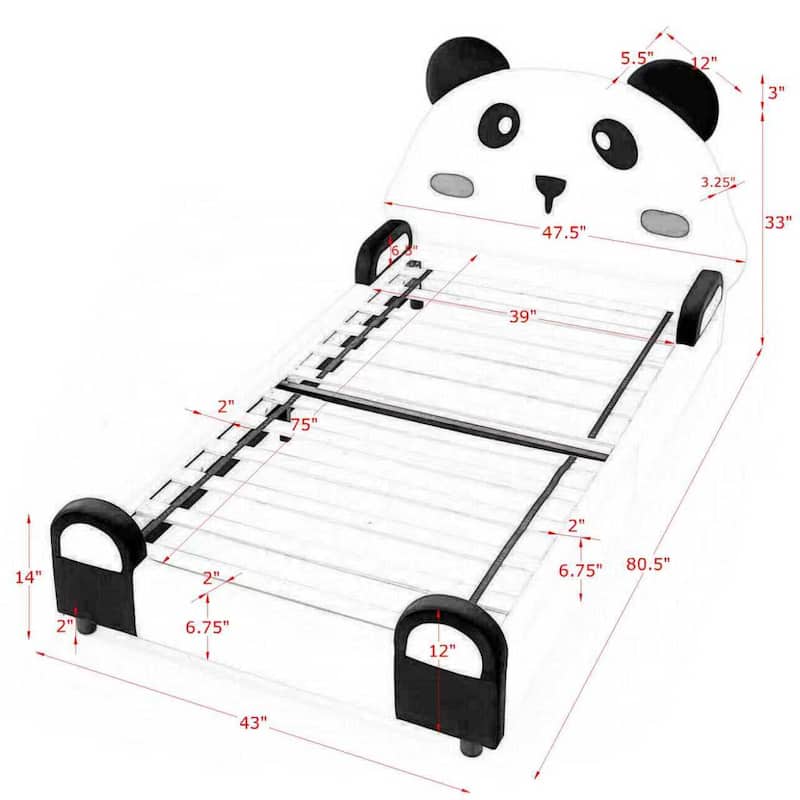 Twin Panda-Shaped Kids Bed with Soft Padded Safety Edges - Solid Wood Toddler Bed Frame in Velvet Fabric