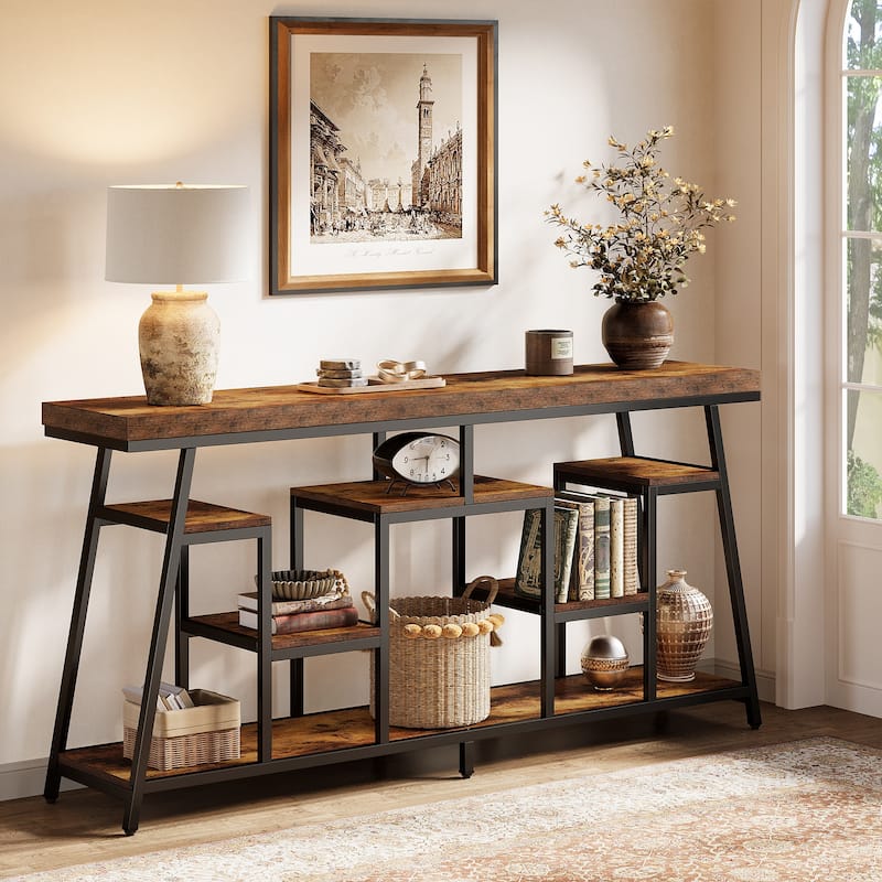 70.87-Inch Industrial Console Table for Entryway, Sofa Table with 7-Tier Storage Shelves - 13.78" D x 70.87" W x 33.46" H
