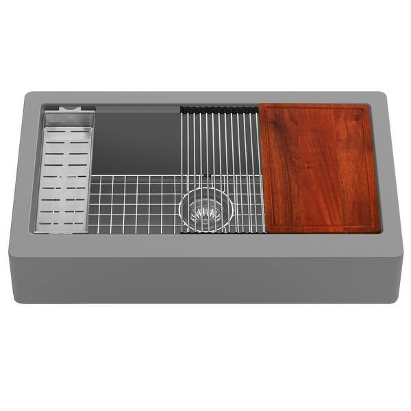 slide 2 of 46, Karran 34" Retrofit Undermount Large Single Bowl Quartz Farmhouse Workstation Kitchen Sink Grey