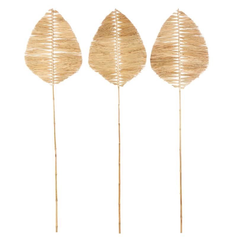 Bamboo Wood Leaf Handmade Tall Tassel Palm Leaf Fan Stick Home Decor Natural Foliage - Set of 3 Light Brown - Roche River Decor - Light Brown
