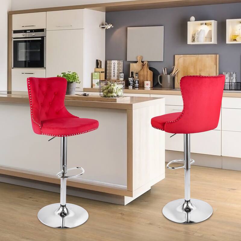 Velvet Swivel Bar Stools,Modern Bar Stools with High Back and Metal Footrest,Adjustable Swivel Barstools (Set of 2) - Red
