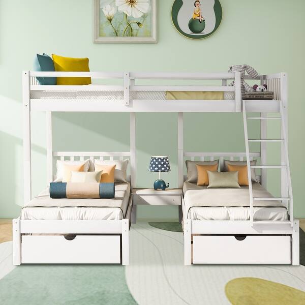 slide 2 of 16, Full Over Twin & Twin Bunk Bed, Wood Triple Bunk Bed with Drawers, Ladder, and Guardrails, No Box Spring Needed White