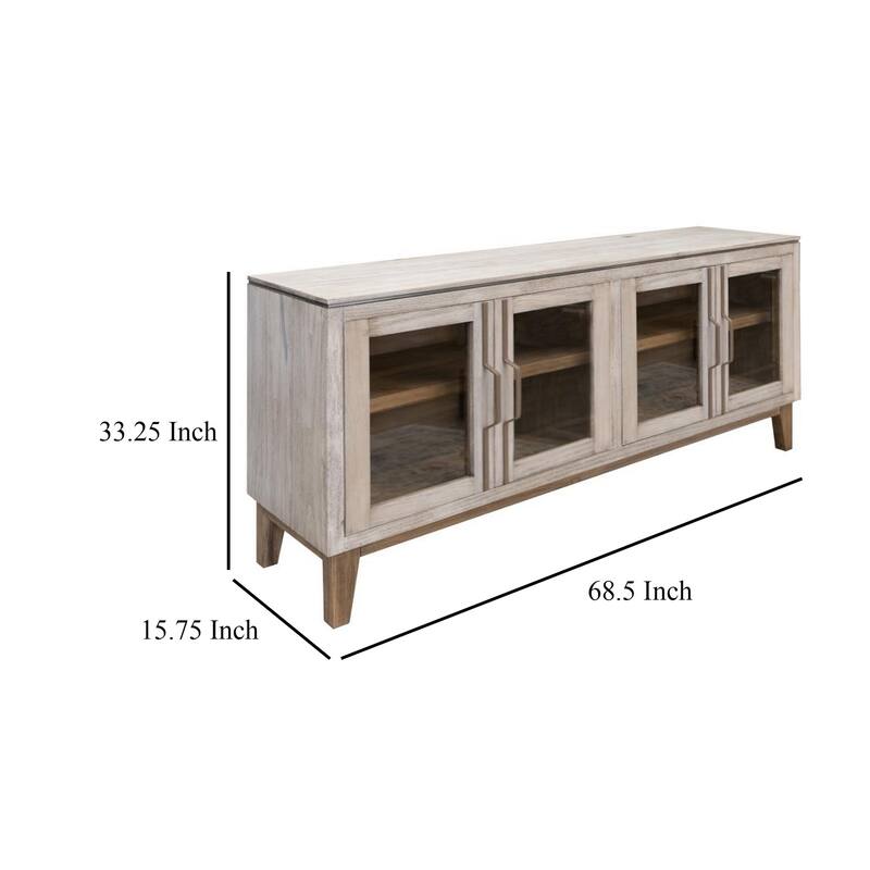 Livvy Console Cabinet, 4 Glass Doors, Ivory White Poplar Wood 69 Inch