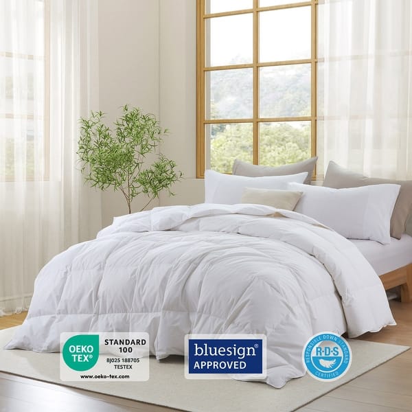 Medium Warmth 300TC Organic Cotton Down Comforter - 100% Natural, Chemical-Free, All Season Duvet Insert - Full - Queen - White