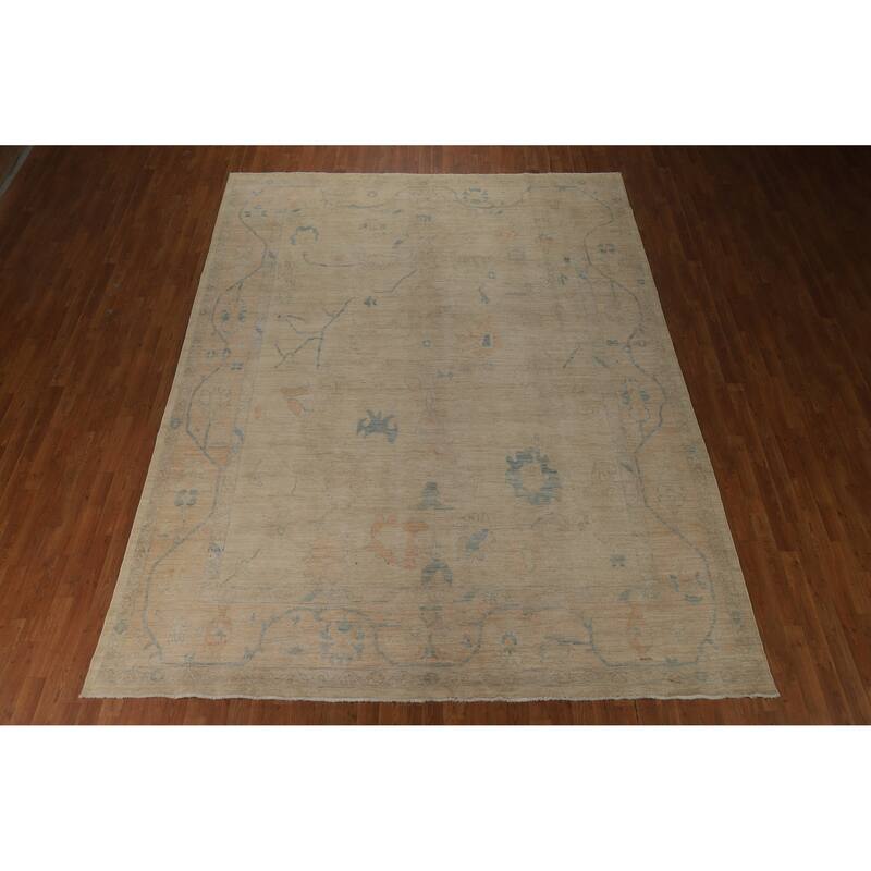 Vegetable Dye Oushak Turkish Area Rug Hand-Knotted Beige Wool Carpet - 8'11"x 11'10"