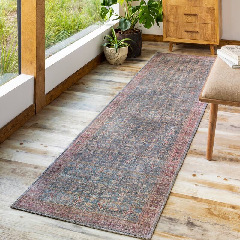 Artistic Weavers Ozias Traditional Floral Machine Washable Area Rug - 2' 7" x 12' - Blue/Red