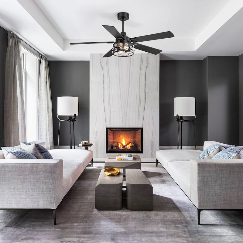 52" Black Wood Modern Floral Indoor Ceiling Fan Chandelier with Remote