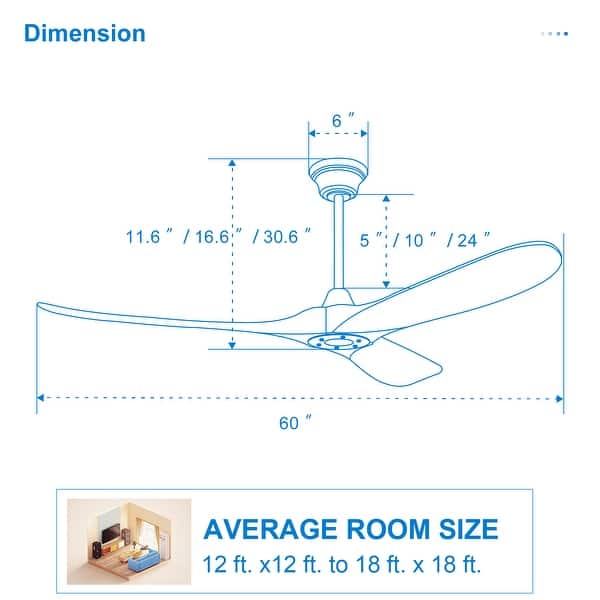 dimension image slide 9 of 13, Sofucor 52''/60" Large Ceiling Fan without Lights, Remote Control and Reversible Motor Included, Smart Optinal