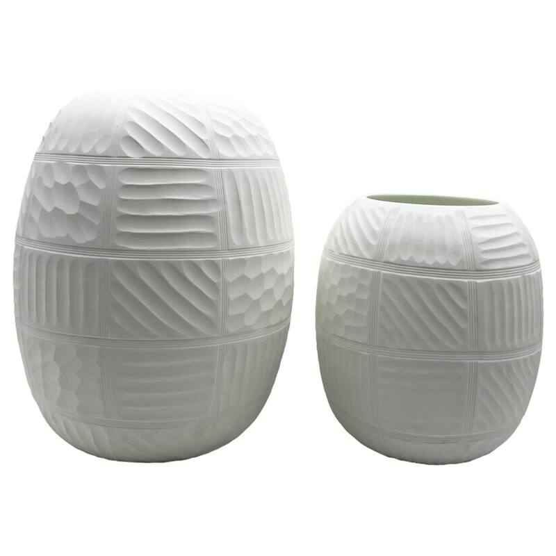 Set of 2 Decorative Handmade Glass Round Carved Vase in White