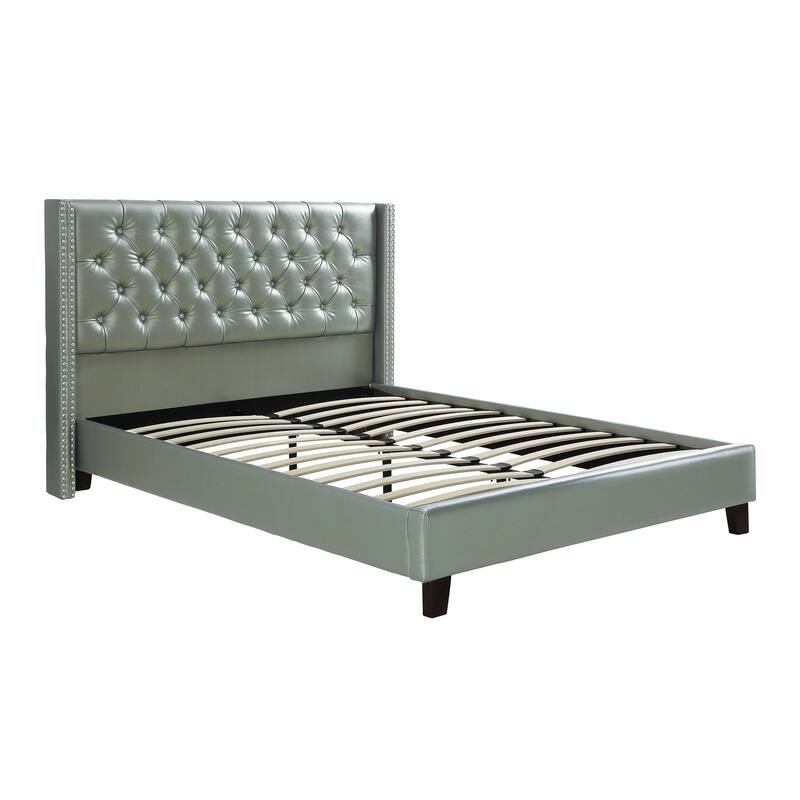 Full Size Silver Faux Leather Upholstered Tufted Bed Frame
