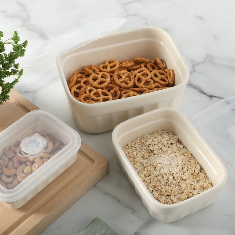Martha Stewart Broadbrook 6 Piece Stoneware Meal Prep Container Set with Lids, Cream, Oven, Microwave & Dishwasher Safe