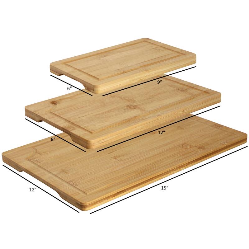 MegaChef 3 Piece 9 Inch, 12 Inch, and 15 Inch Bamboo Wood Cutting Board Set with Juice Grooves