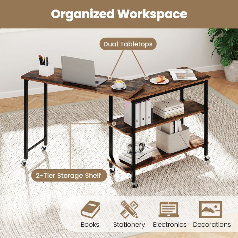 Multifunctional Swivel End Table with 360 Degree Rotation and Casters - 49.5" x 12" x 26.5" (L x W x H)
