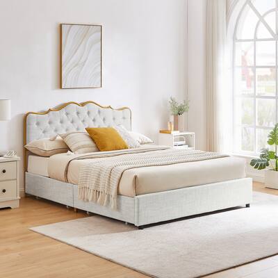 Classic steamed bread shaped backrest, metal frame, solid wood ribs, with four storage drawers, Full- size, F sleeping bed