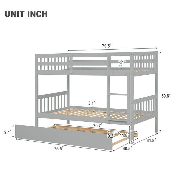 dimension image slide 3 of 6, Twin/Full Size Bunk Bed with Trundle, Convertible to 2 Platform Bed