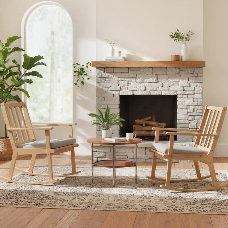 Gymax Wooden Rocking Chair w/Removable Cushion & Ergonomic Slatted