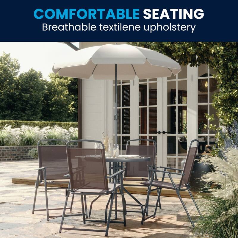 Nantucket 6 Piece Patio Garden Set with Table, Umbrella and 4 Folding Chairs