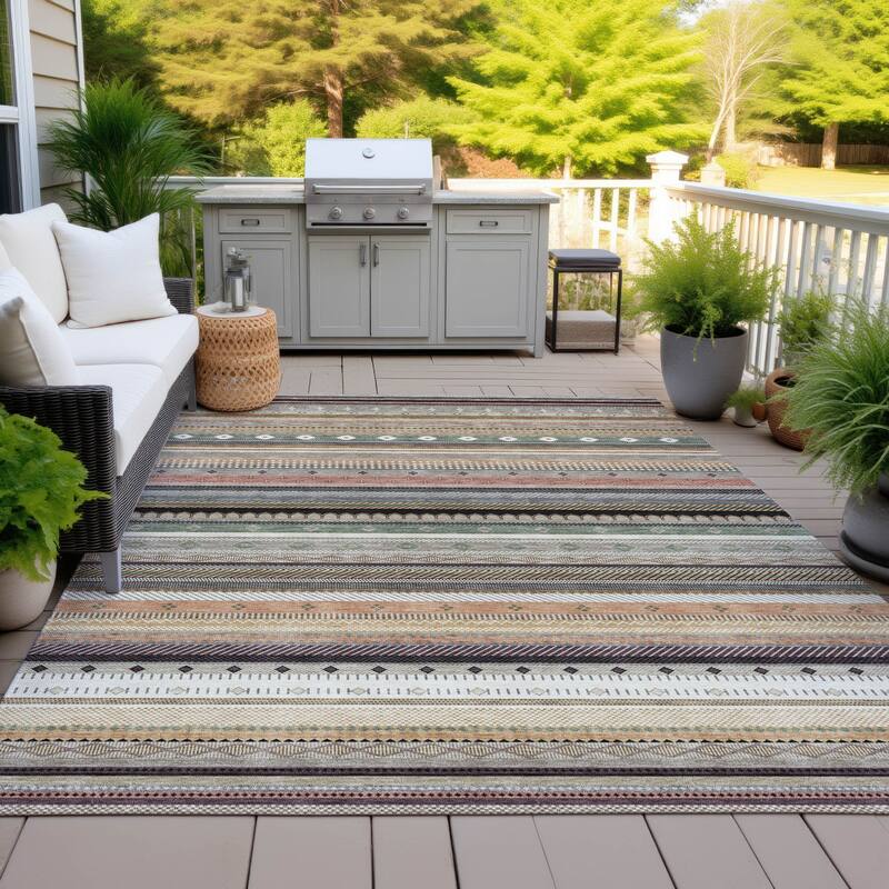 Machine Washable Indoor/Outdoor Boho Stripes Chantille Rug - Khaki - 10' x 14'