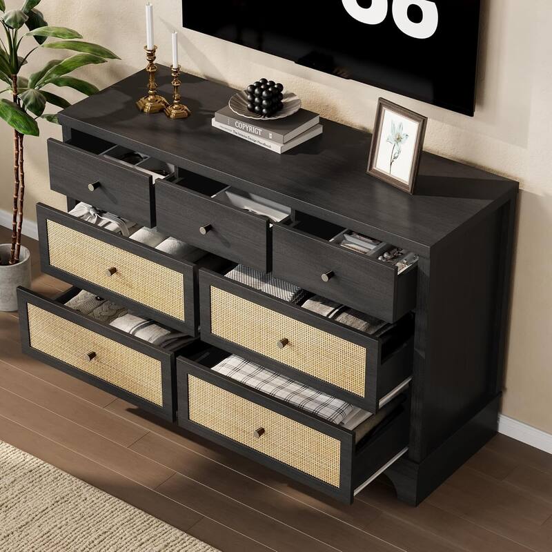 47.3" Wide Rattan 7 Drawer Dresser Storage Organizer for Bedroom