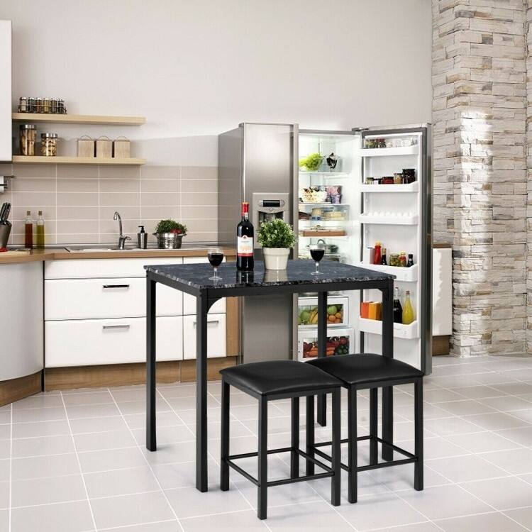 3 Piece Counter Height Dining Set Faux Marble Table - Black
