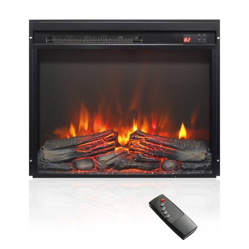 23 inch electric fireplace insert, ultra thin heater with log set & realistic flame, remote control with timer - Antique Black