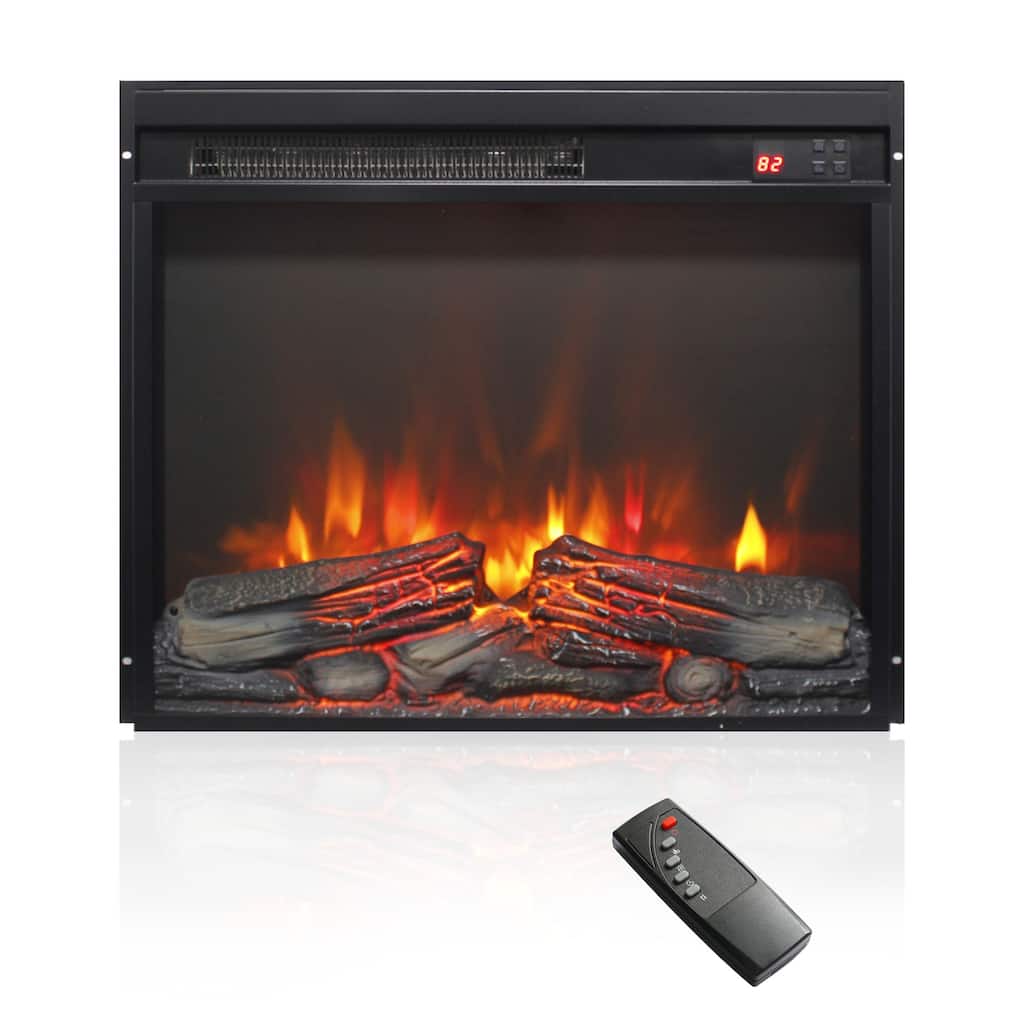 23 inch electric fireplace insert, ultra thin heater with log set & realistic flame, remote control with timer
